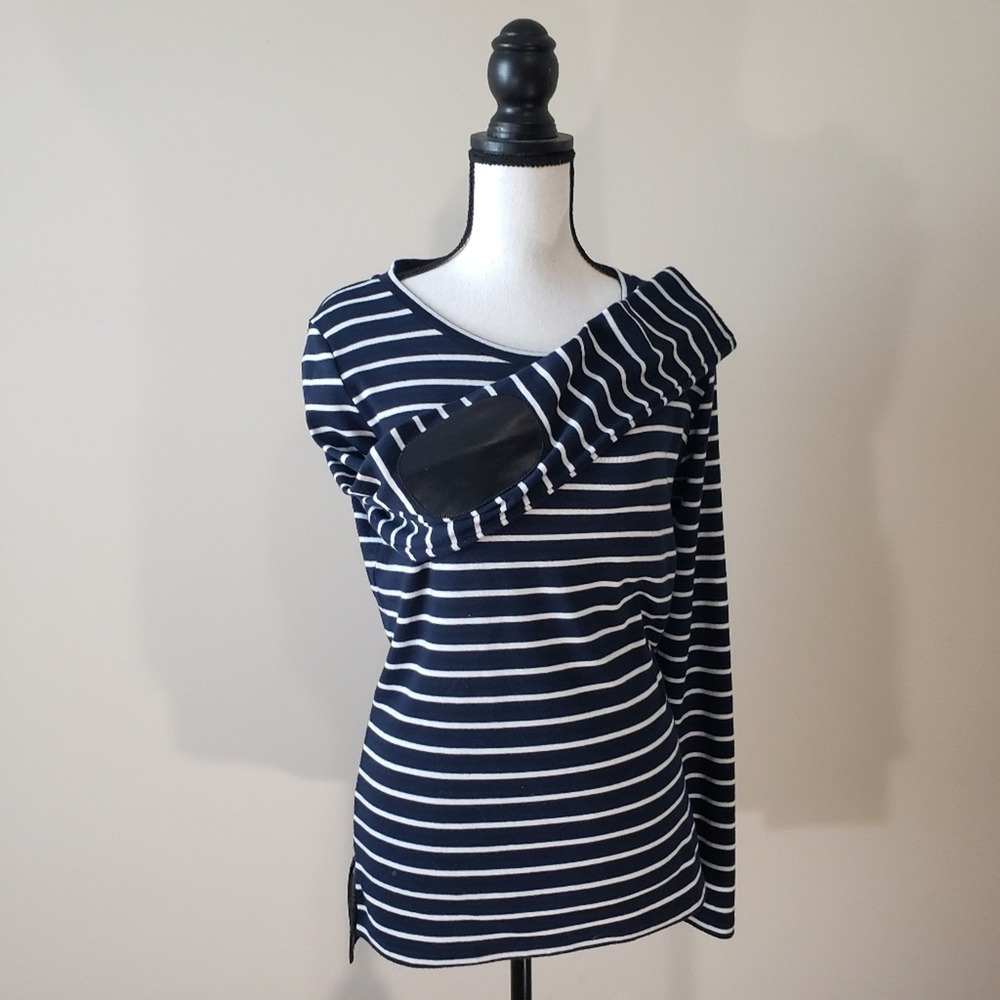 Pixley Greenich Large Navy & White Striped Knit Top With Leather Elbow Patch